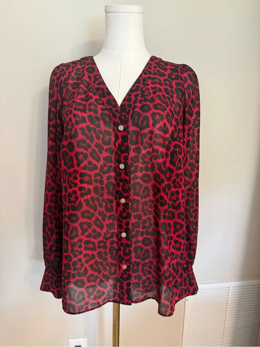 Michael Kors Red Black Leopard Print Blouse S Sheer Button Front Animal Print